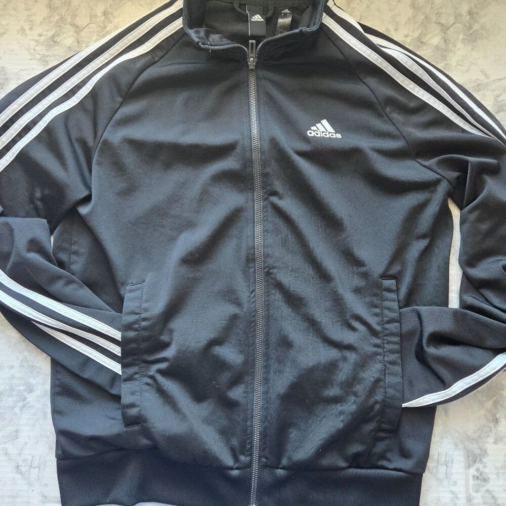 Adidas Track Jacket Black with White Stripes Full-Zip Mens Size S